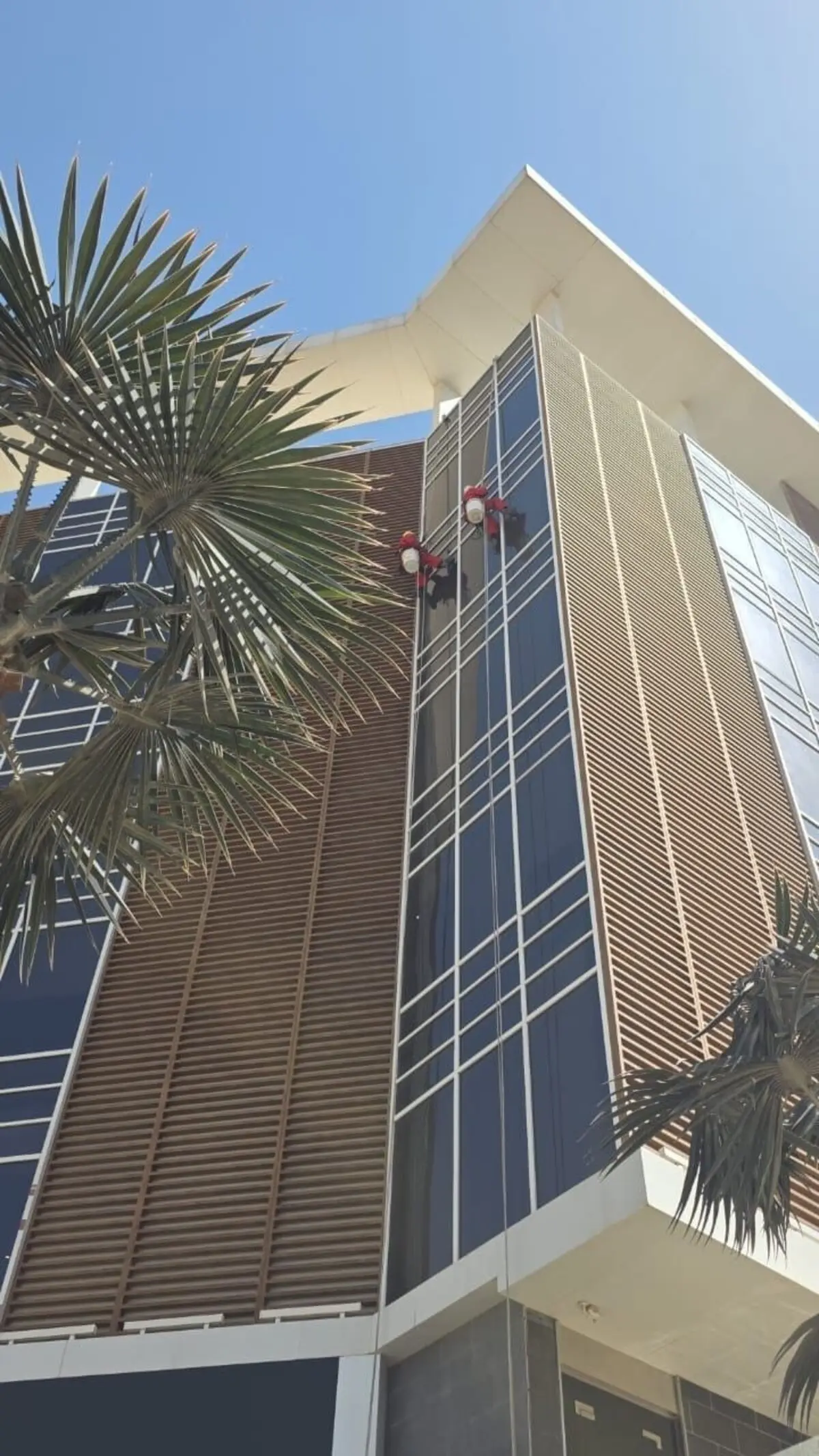 عاملان من شركة تنظيف واجهات بالرياض يقومان بتنظيف واجهة كلادينج خشبية التصميم على ارتفاع